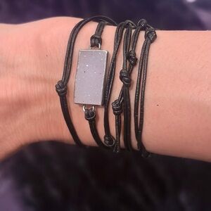 Multi-Strand Black Leather Bracelet with Rectangular Druzy Accent
